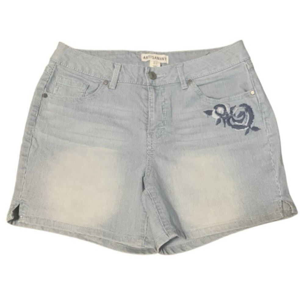 Artisan NY Denim Shorts Womens 10 Pinstripe Embroidered Floral Stretch Jean